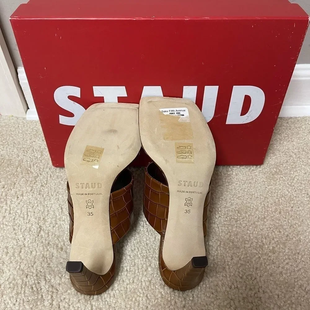 STAUD Luna Croc-Embossed Leather Mules